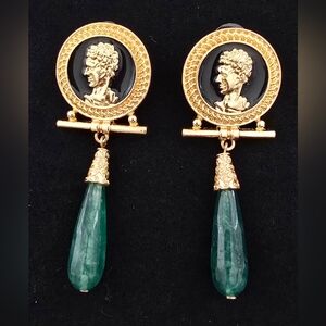 Italian style Intaglios earrings, gold-toned w/ black enamel Green Resin Stones